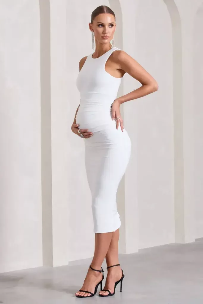 Paige White Sleeveless Split Maternity Midi Dress