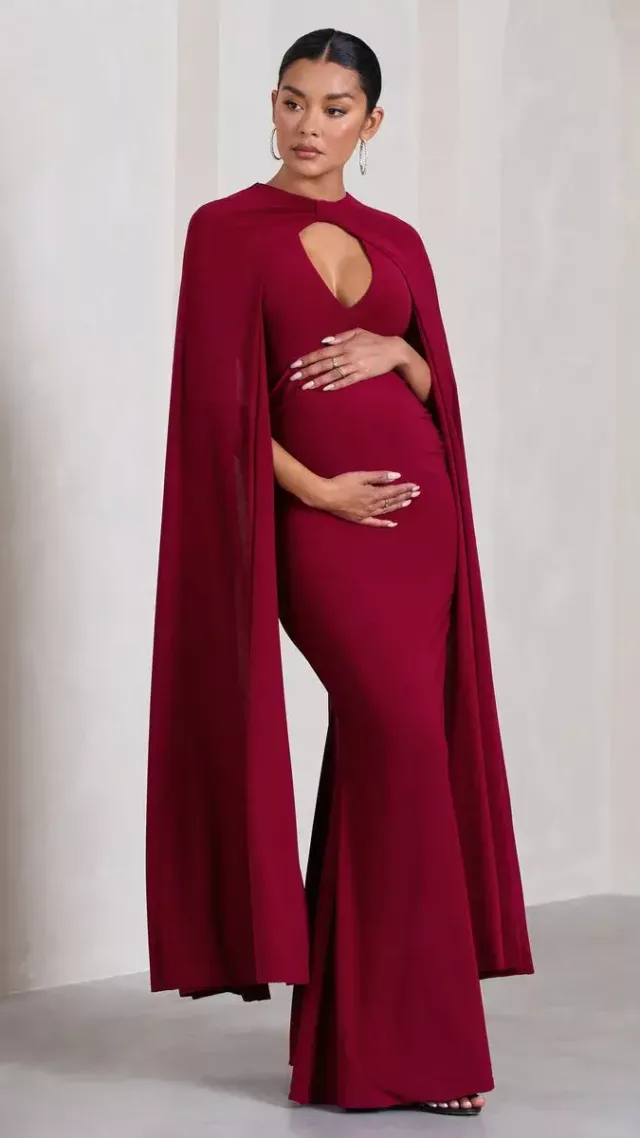 Standing Ovation Berry Plunge-Neck Cape Maternity Maxi Dress Standing Ovation Berry Plunge Neck Cape Maternity Maxi Dress