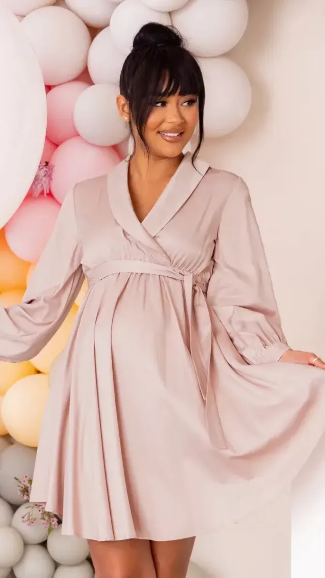 Sweet Lullaby Maternity Nude Belted Wrap Mini Dress
