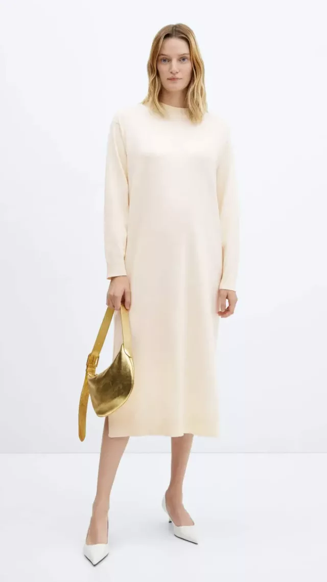 Round-Neck Knitted Dress Ecru