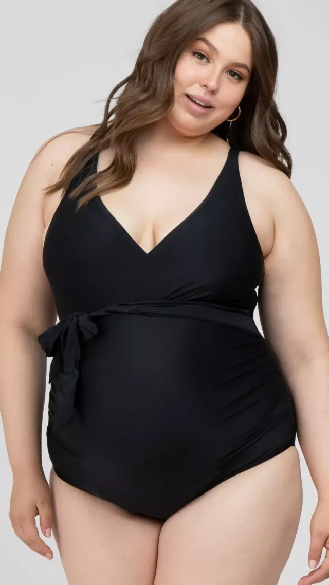Black Waist Tie Maternity Plus One-Piece Swimsuit