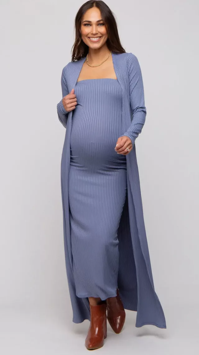 Blue Ribbed Sleeveless Dress Cardigan Maternity Set