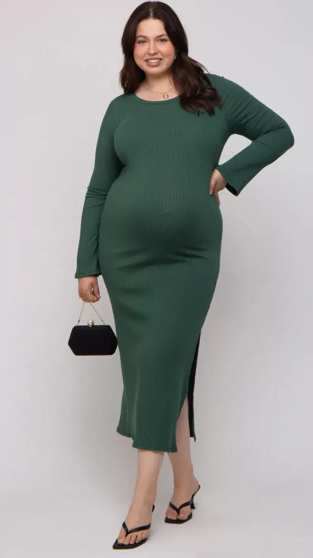 Forest Green Ribbed Side Slit Maternity Plus Maxi Dress