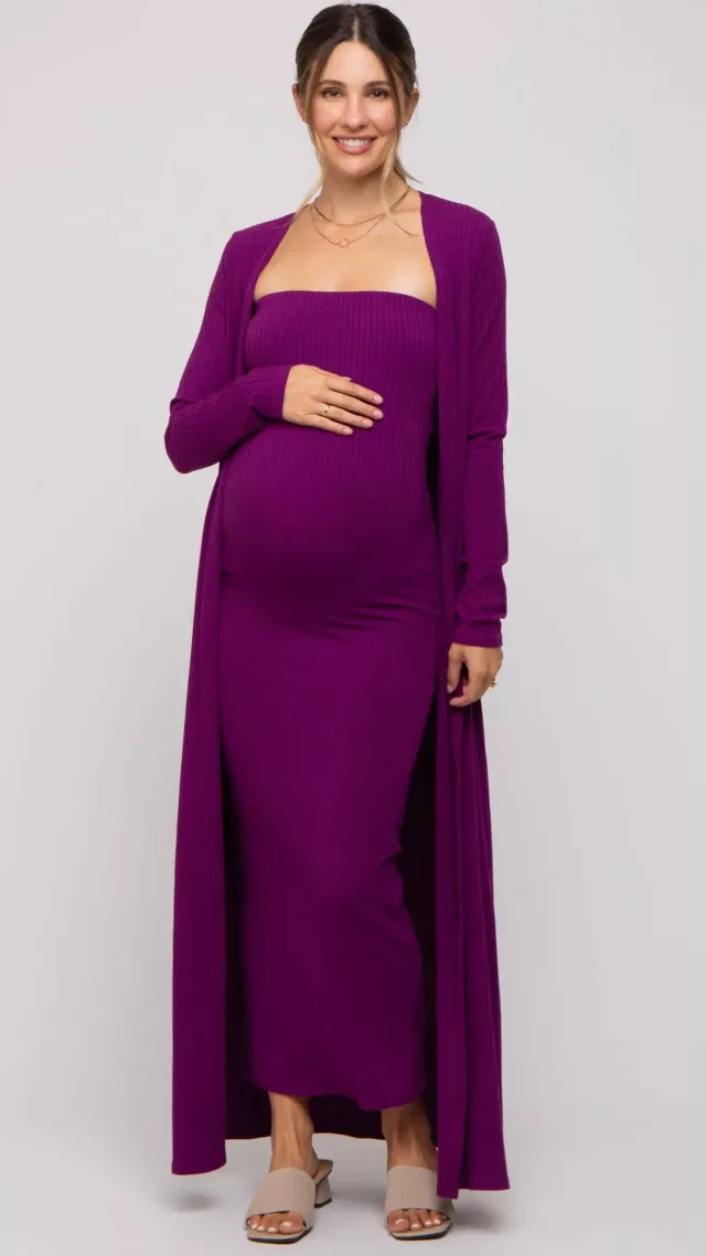 Magenta Ribbed Sleeveless Dress Cardigan Maternity Set