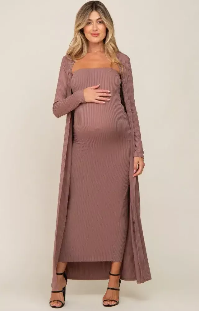 Mocha Ribbed Sleeveless Dress Cardigan Maternity Set