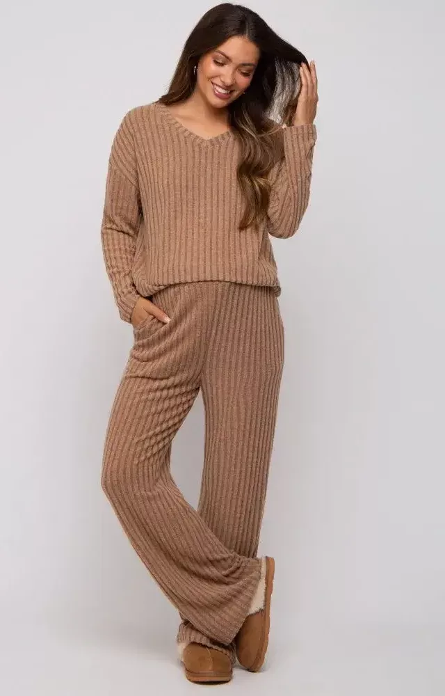 Mocha Ribbed Soft Knit Long Sleeve Maternity Pajama Set