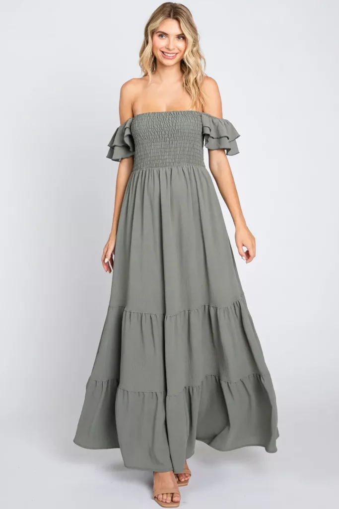 Olive Smocked Ruffle Off Shoulder Tiered Maxi Dress Olive Green