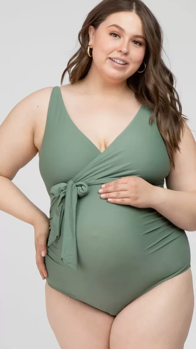 Olive Waist Tie Maternity Plus One-Piece Swimsuit Olive Green
