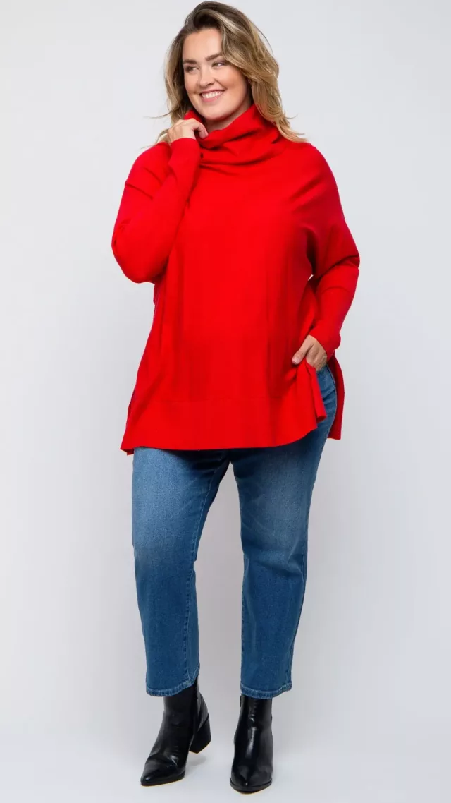 Red Cowl Neck Dolman Sleeve Maternity Plus Sweater