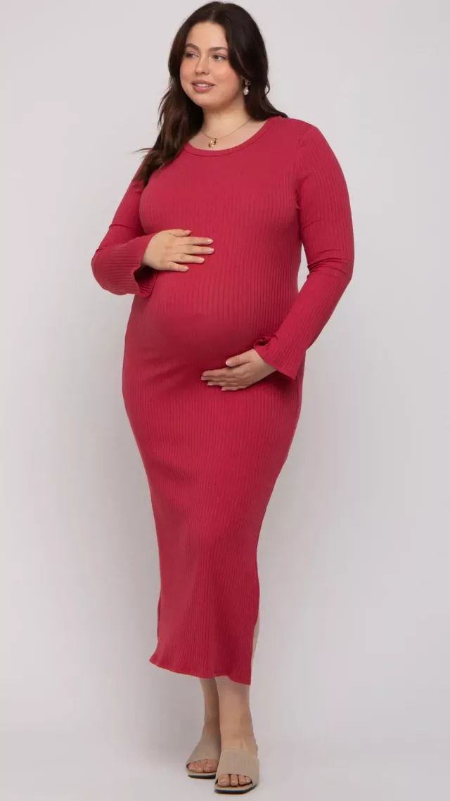 Red Ribbed Side Slit Maternity Plus Maxi Dress