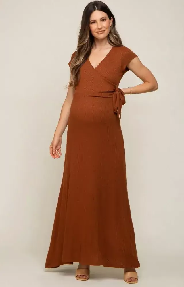 Rust Ribbed Wrapped Front V-Neck Maternity Maxi Dress