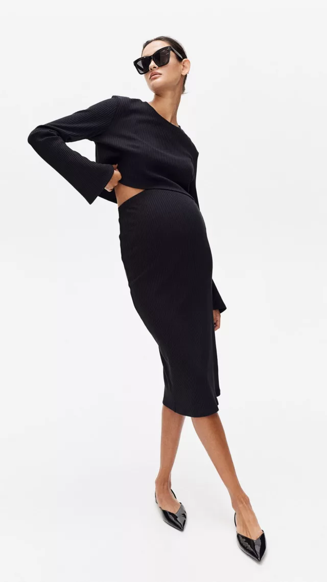 Mama 2-Piece Ribbed Top And Skirt Set Black
