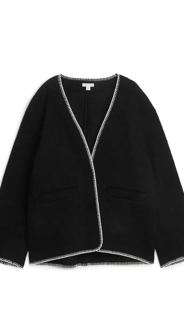 Blanket-Stitch Wool Jacket Black/White