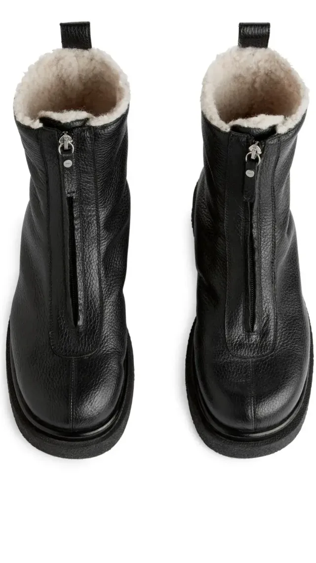 Faux Fur Leather Boots Black