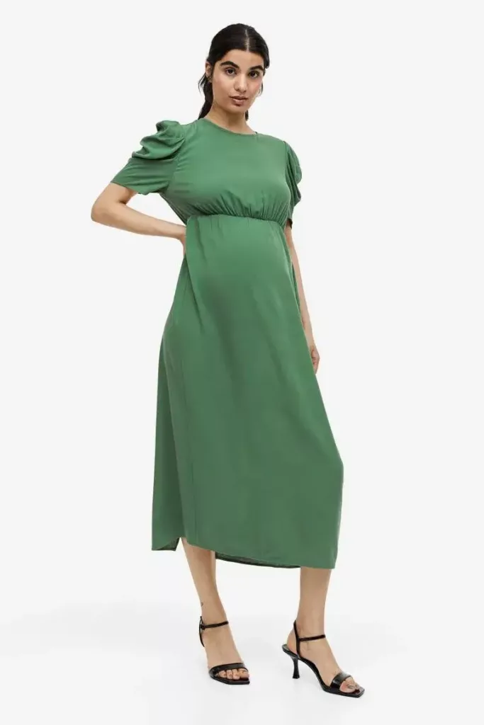 Mama Puff-Sleeved Crêped Dress Green