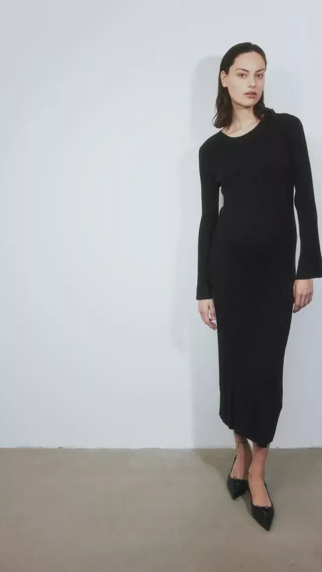 Mama Rib-Knit Midi Dress Black