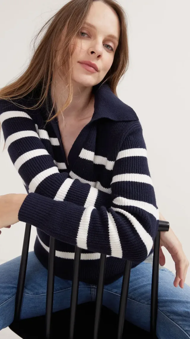 The Hannah Sweater Navy Ivory Stripe