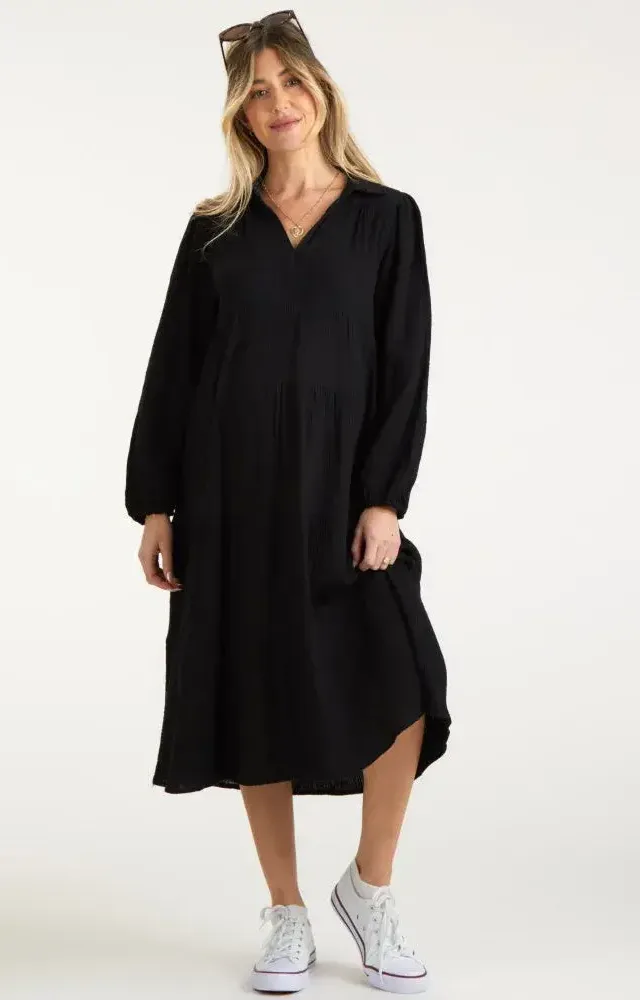 Black Light Weight Collared Tiered Maternity Midi Dress