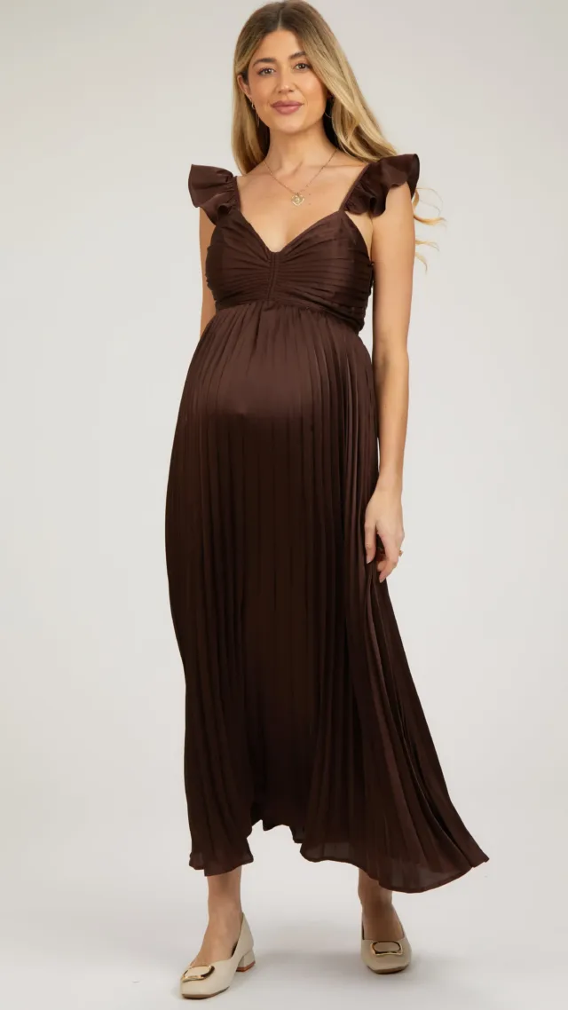 Brown Sleeveless Pleated Maternity Dress