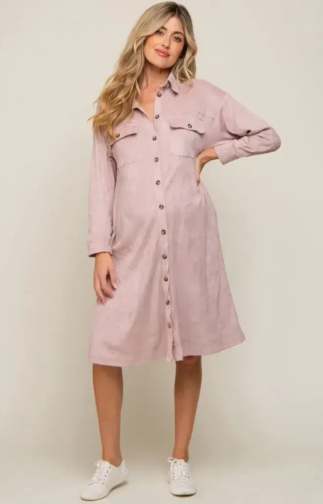 Light Pink Knit Corduroy Button Down Maternity Midi Dress