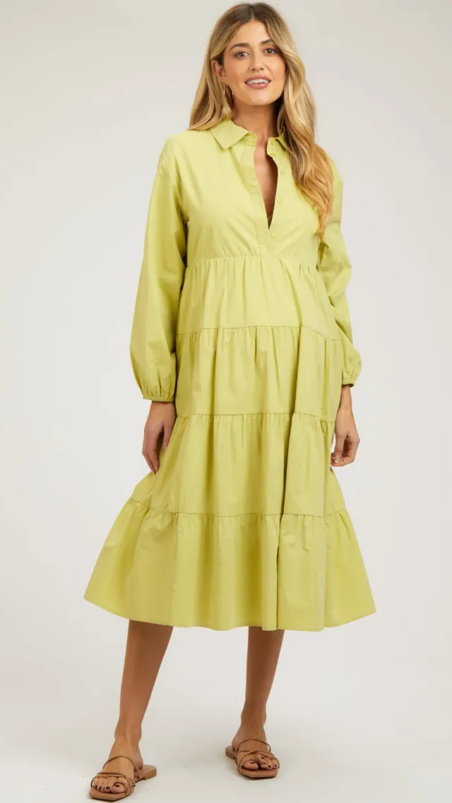 Lime Tiered Collared Maternity Midi Dress