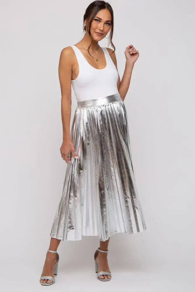 Silver Metallic Pleated Maternity Midi Skirt