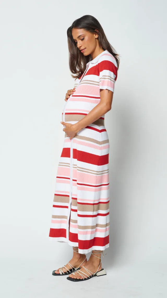 Marguerite Snap-Front Knit Midi Dress - Pink / Red Stripe
