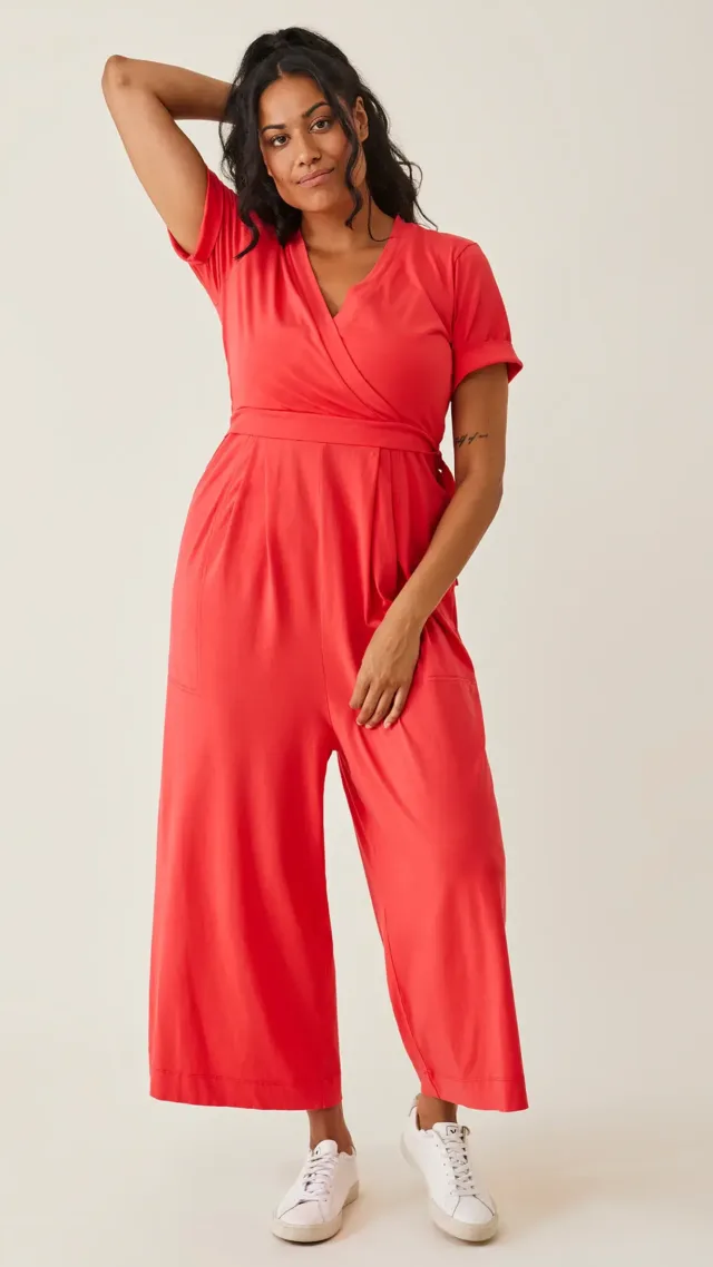 Maternity Jumpsuit With Nursing Access Hibiscus Red