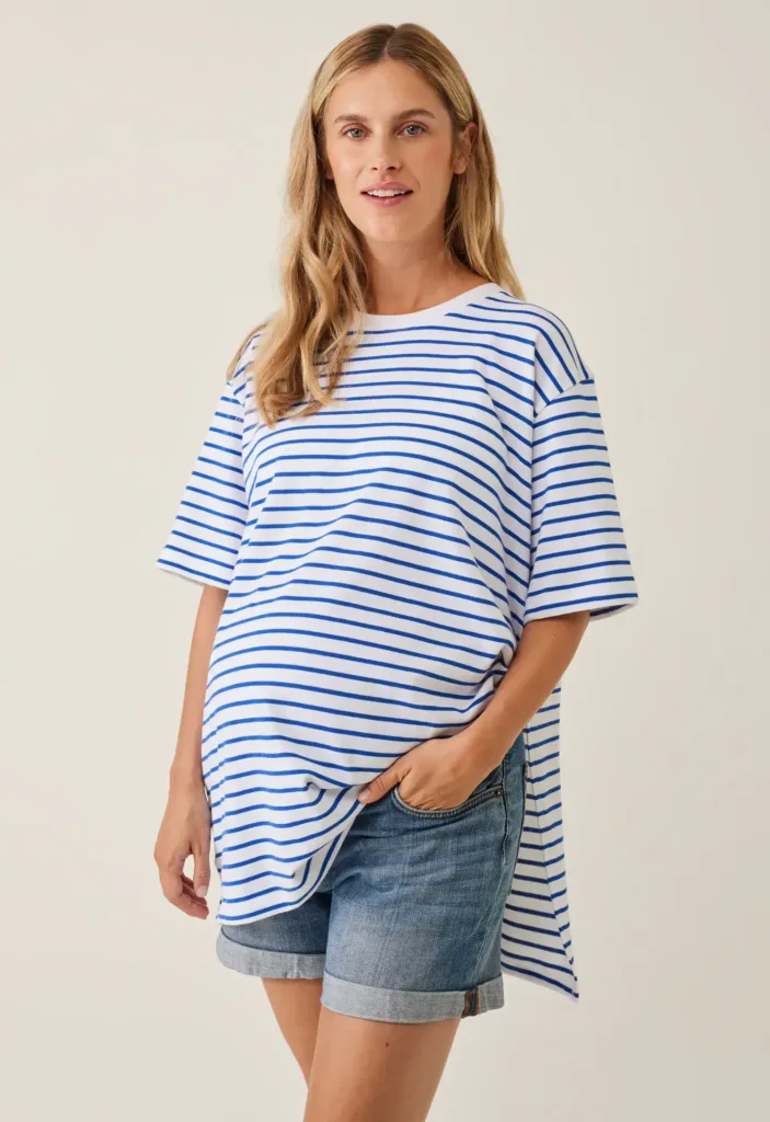 Oversized Maternity T-Shirt With Slit Stripe White/Blue