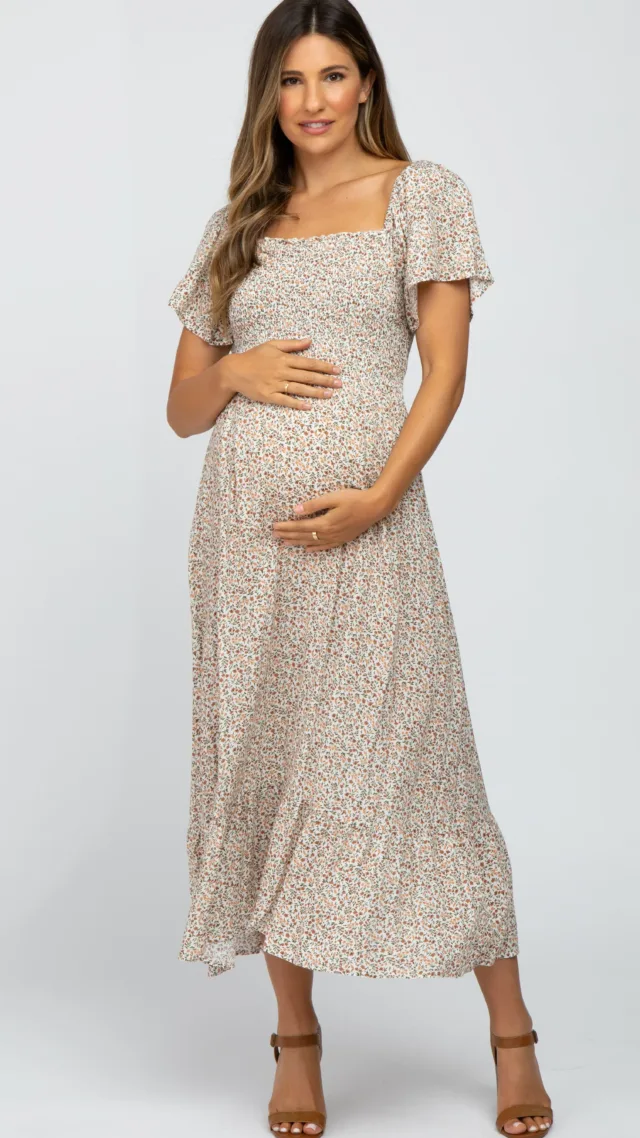 Ivory Floral Smocked Maternity Maxi Dress