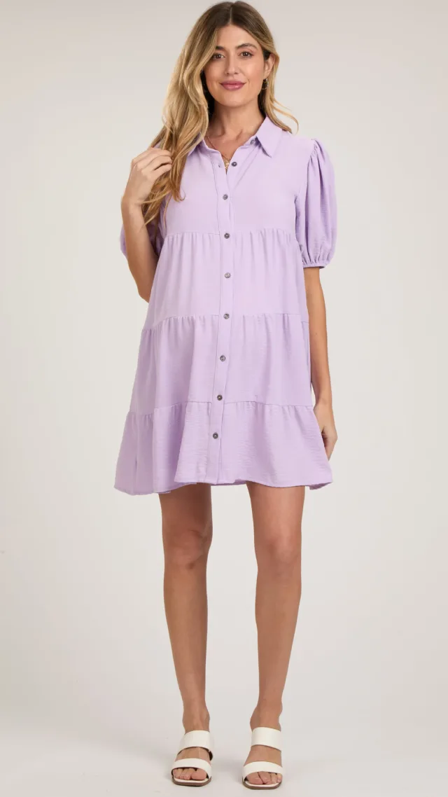 Lavender Button Front Tiered Collared Maternity Dress