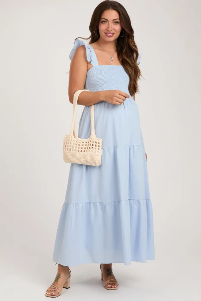 Light Blue Sleeveless Smocked Tiered Maternity Maxi Dress