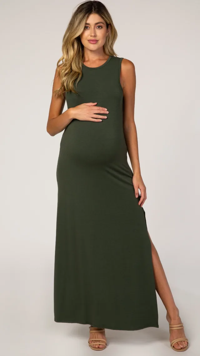 Olive Side Slit Maternity Maxi Dress