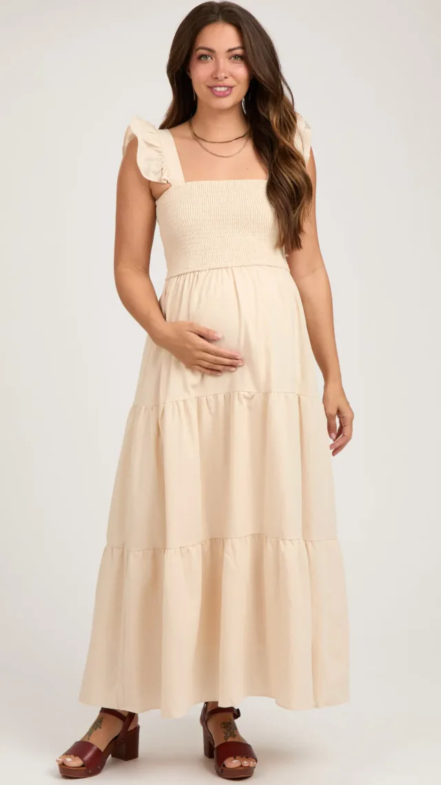 Taupe Sleeveless Smocked Tiered Maternity Maxi Dress
