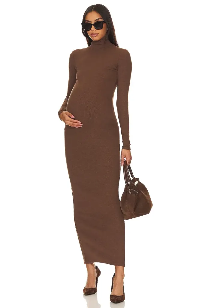 Long Sleeve Rib Maternity Dress Brown