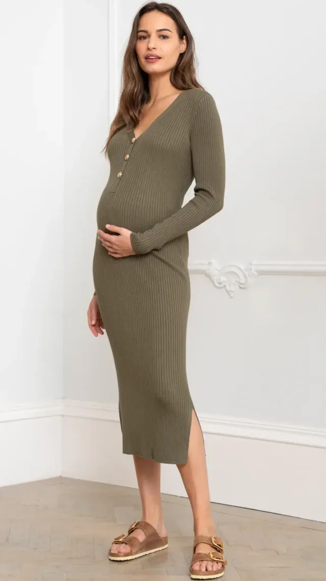 Khaki Ribbed Knit Midi Maternity Dress