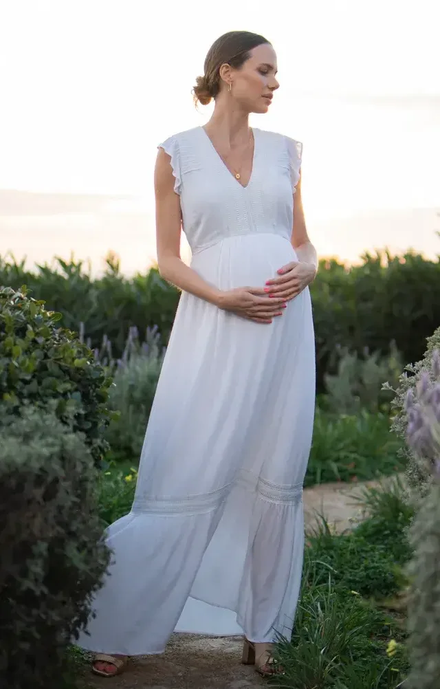 White Boho Lace Maternity & Nursing Maxi Dress