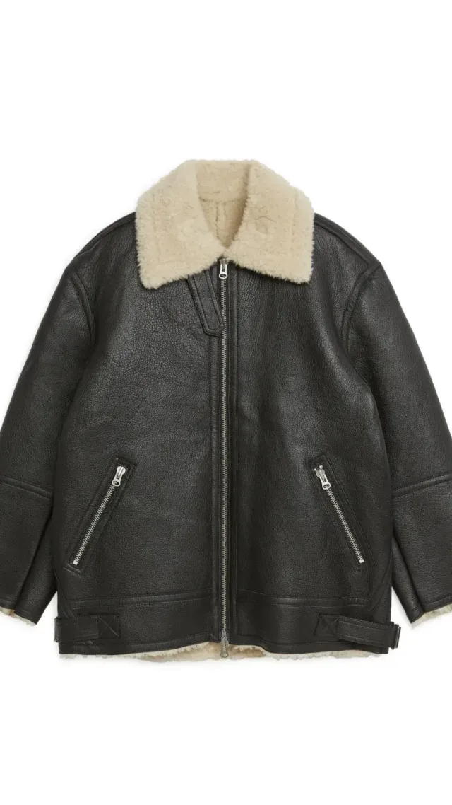 Pile-Lined Leather Jacket Black/Beige