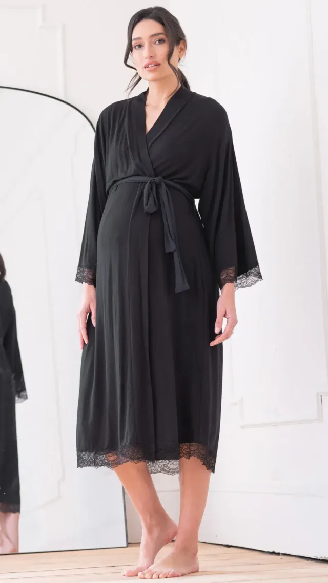 Lace Trim Kimono-Style Dressing Gown Black