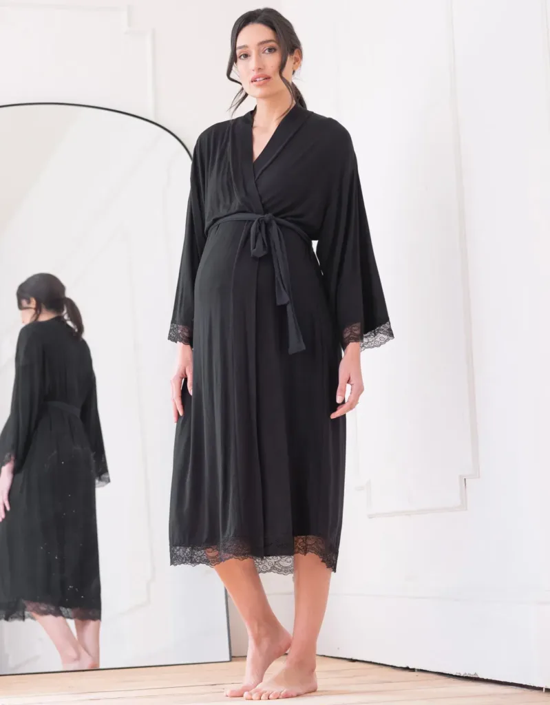 Lace Trim Kimono-Style Dressing Gown Black