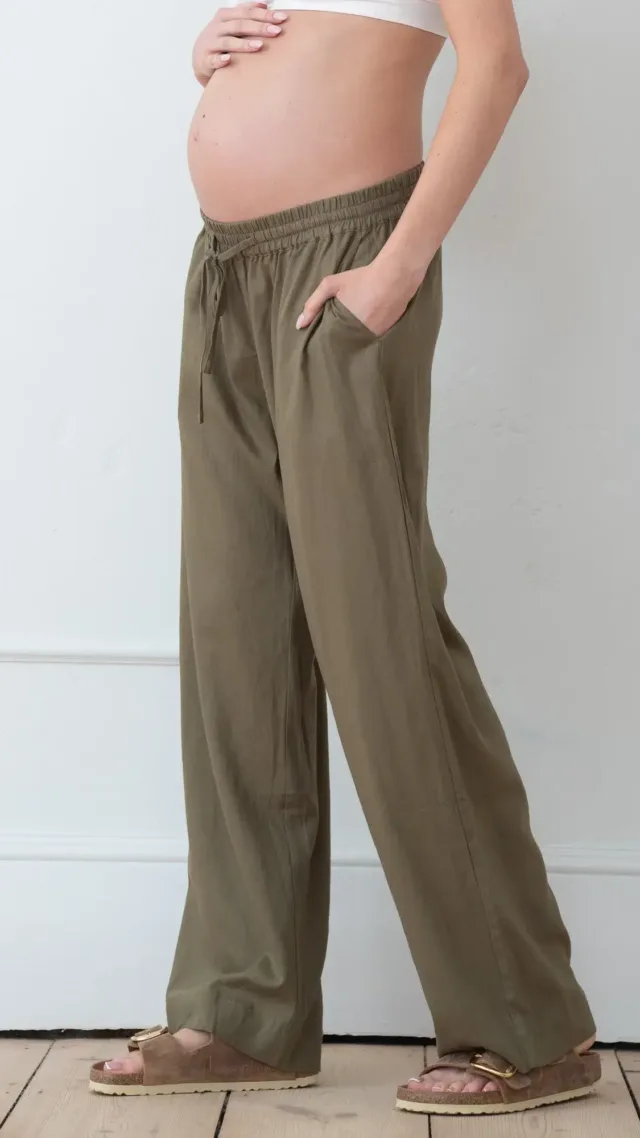 Wide-Leg Linen-Blend Under Bump Trousers Khaki