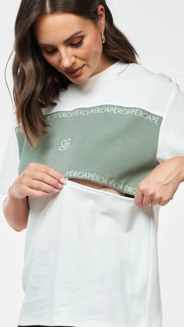 Ribbon Embroidered Panel Tee White, Forest Green