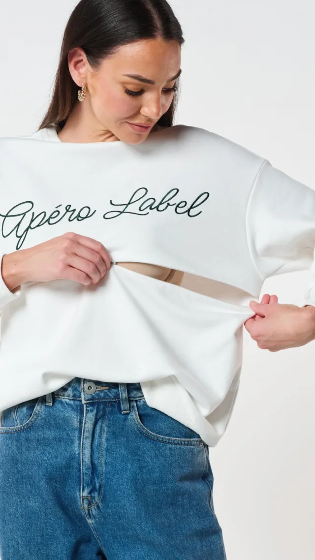 Script Embroidered Oversized Panel Jumper White, Forest Green