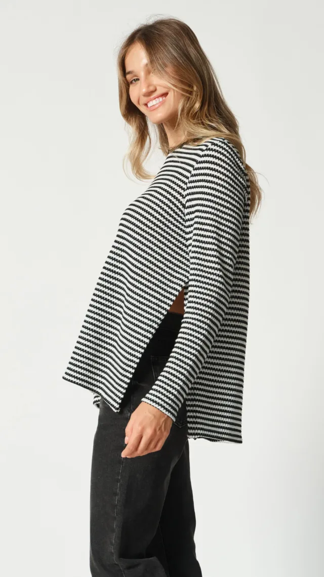 Willa Stripe Long Sleeve Knit Top Black, White