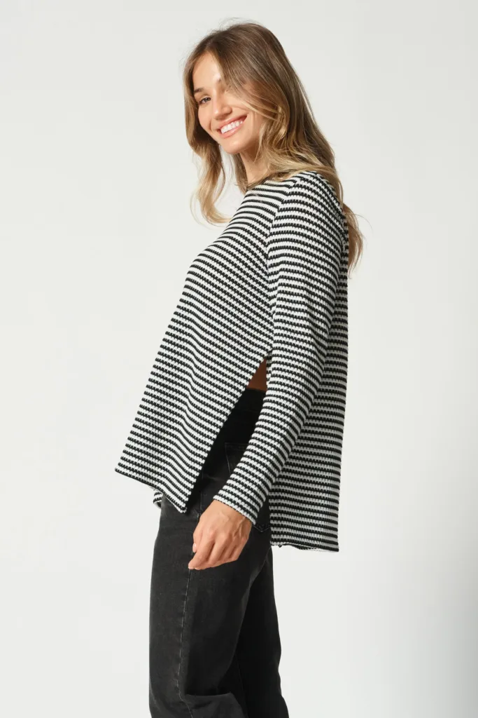 Willa Stripe Long Sleeve Knit Top Black, White