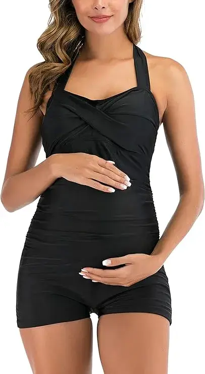 Eastelegant Maternity One Piece Swimwear Retro Halter Black