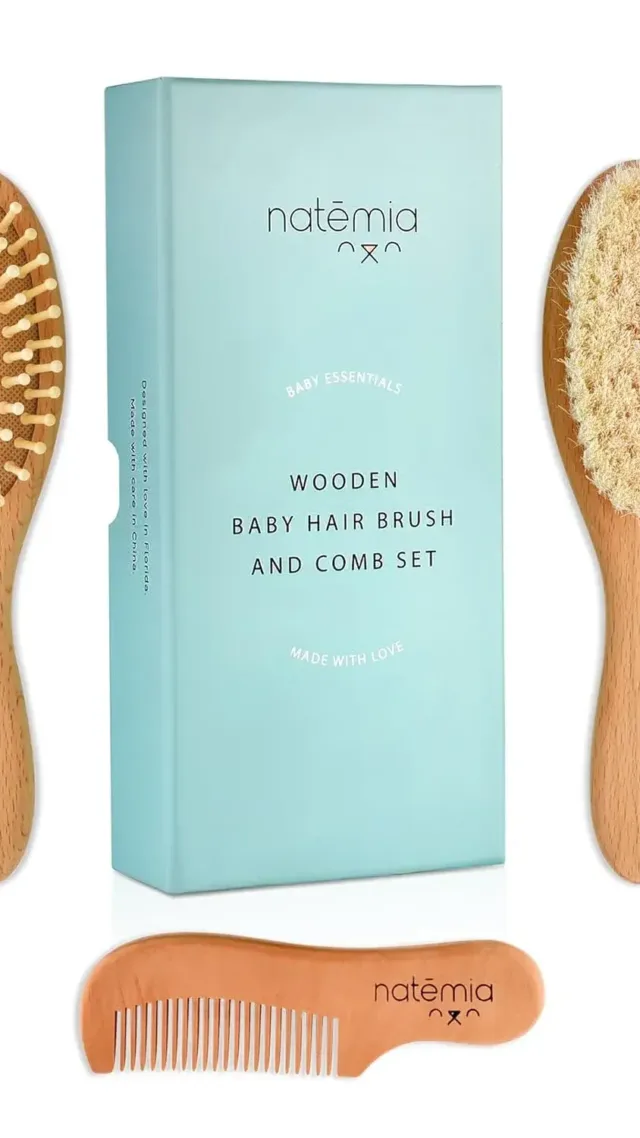 Natemia Premium Wooden Baby Hair Brush And Comb Set
