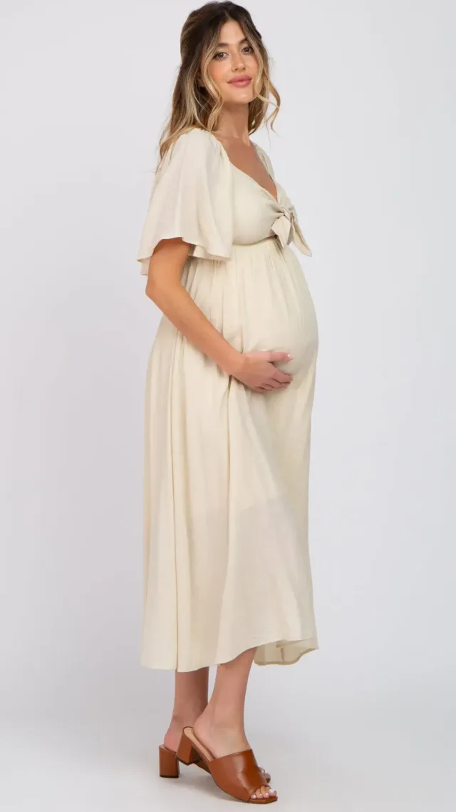 Beige Front Tie Ruffle Sleeve Maternity Midi Dress