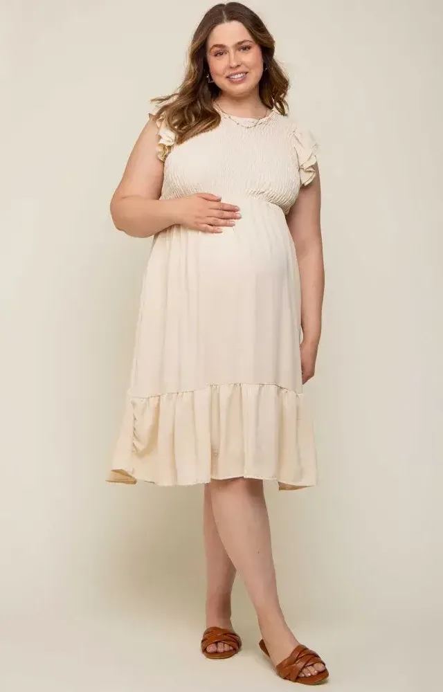 Beige Smocked Layered Ruffle Flutter Sleeve Maternity Plus Midi Dress