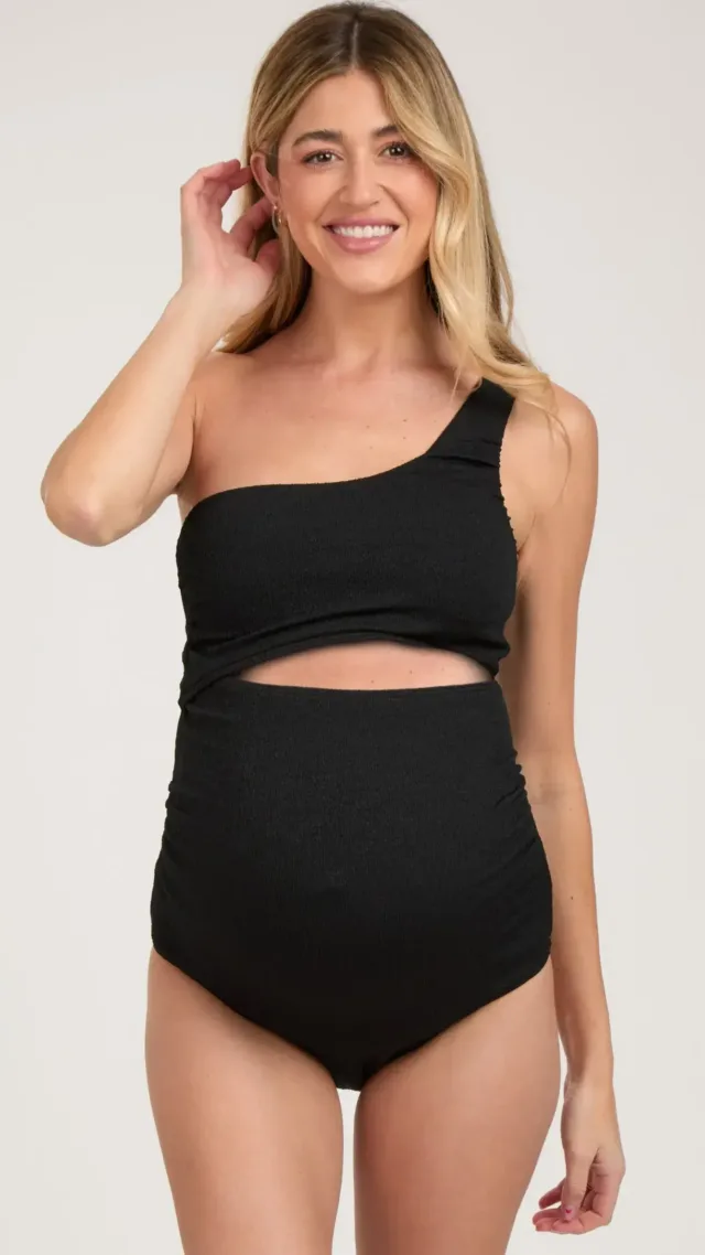Black Asymmetrical One Shoulder Side Cutout One-Piece Maternity Swimsuit